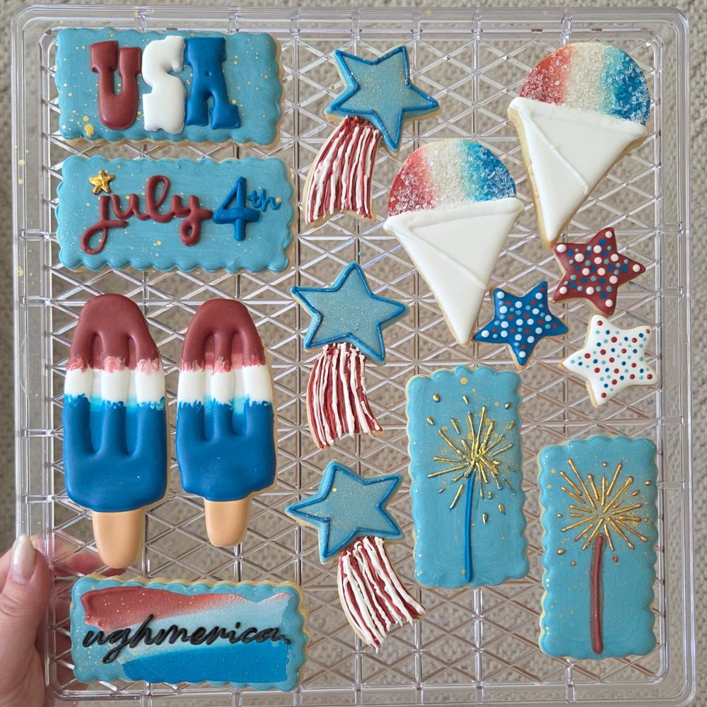 Fourth of July cookies: popsicles, stars, snow cones and sparklers