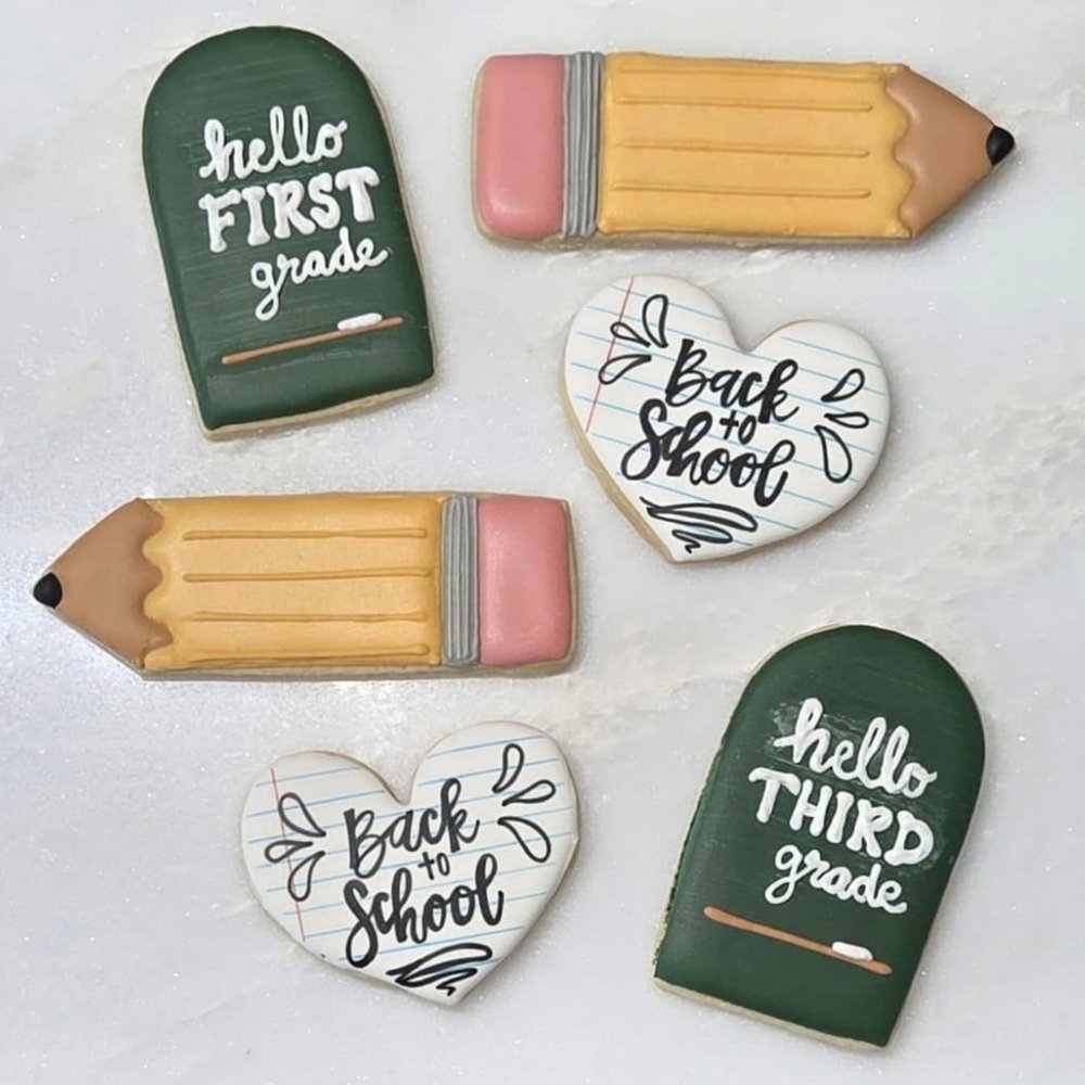 Back to school cookies with pencils, chalkboards and hearts
